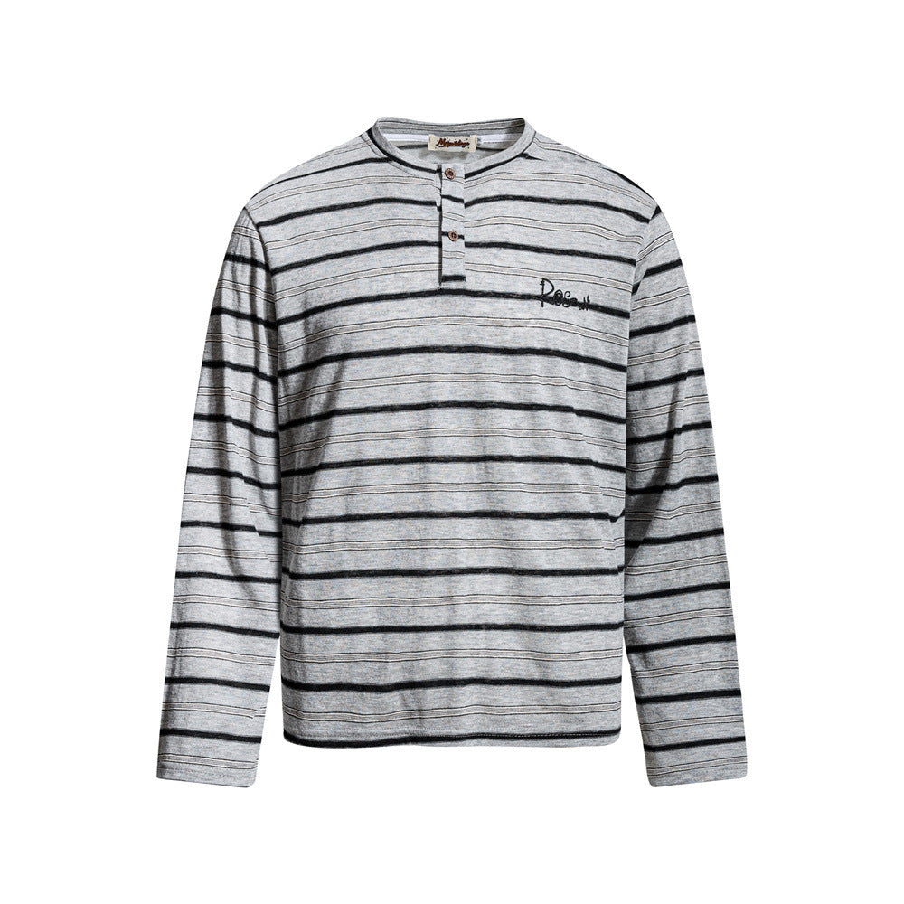 Men's relaxed fit striped long sleeve Henley t-shirt in grey with dark navy stripes, featuring 3-button placket and embroider