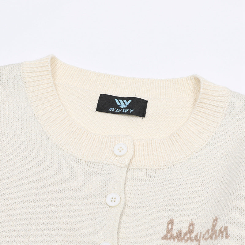Pixel Bear Jacquard Knit Cardigan Sweater – Round Neck Button-Front