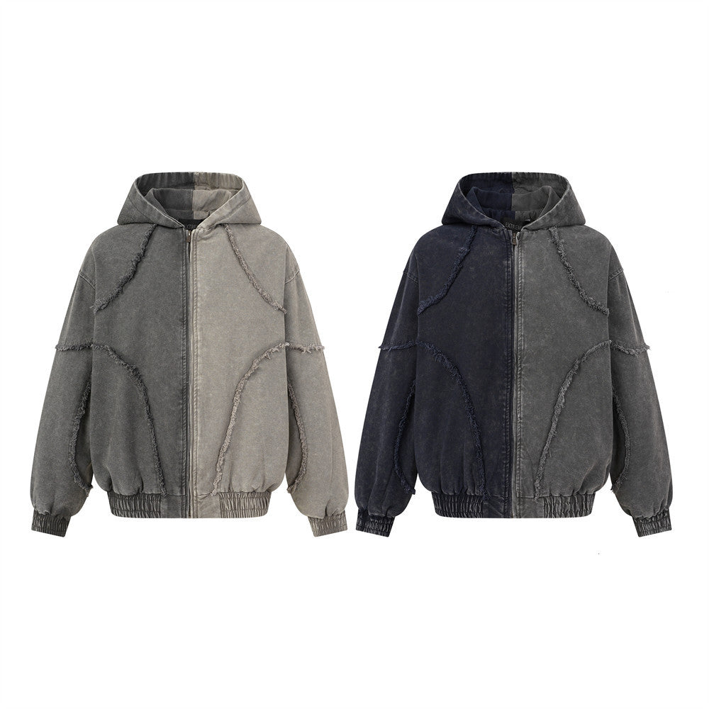 Veste zippée à capuche oversize bicolore, délavage acidulé, empiècements patchwork et coutures effilochées, gris anthracite et bleu marine foncé