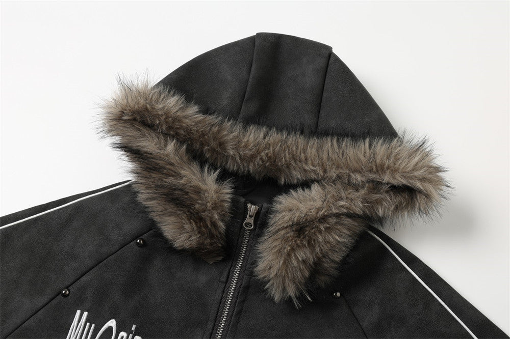 Fur-Trim Hooded PU Leather Bomber Jacket – Letter Embroidery, Distressed Finish