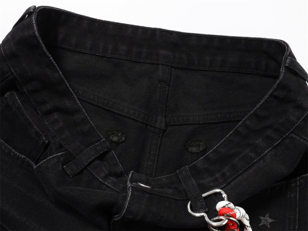 Star Print Wide-Leg Jeans – Men's Baggy Black Denim with Heart Charm