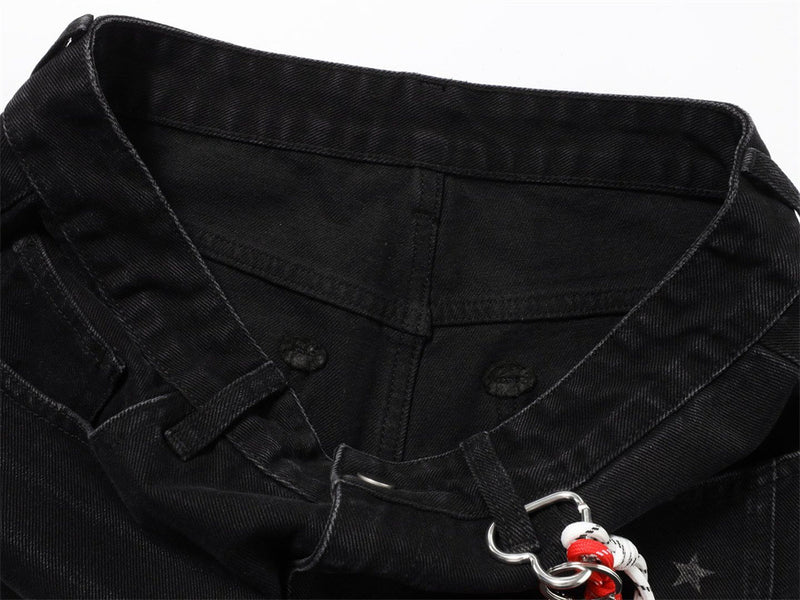 Star Print Wide-Leg Jeans – Men's Baggy Black Denim with Heart Charm
