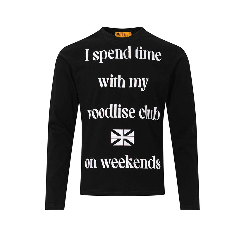 Schwarzes Langarmshirt mit Rundhalsausschnitt und weißem Slogan-Print „I spend time with my woodlise club on weekends and Uni“