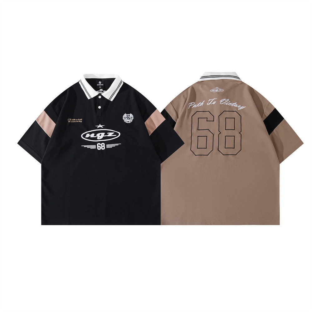 American retro oversized polo shirt with NGZ 68 embroidery and colorblock sleeves in black