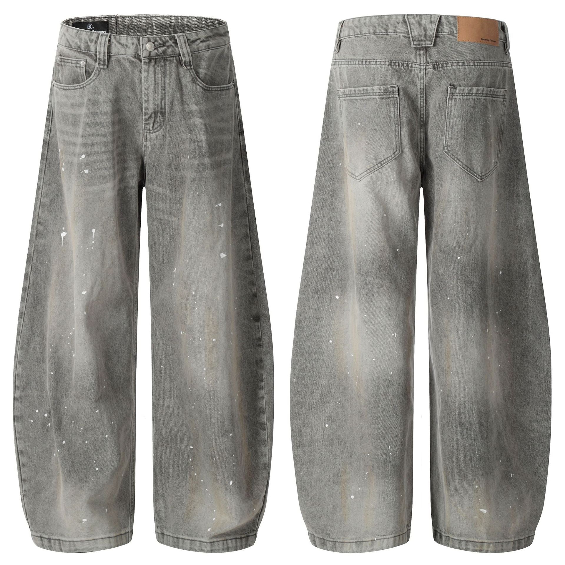 Jean baggy à jambes larges – Denim gris délavé à l’acide avec éclaboussures de peinture
