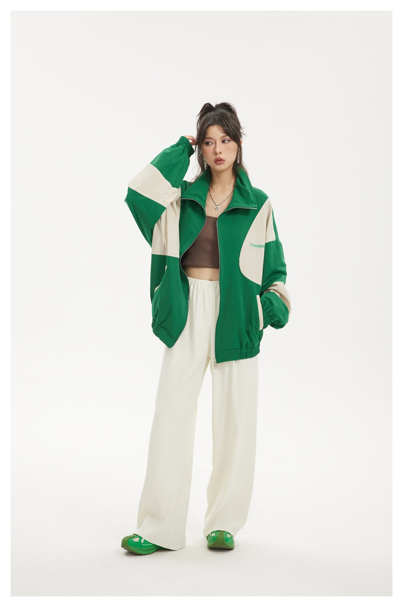 Colorblock Zip-Up Track Jacket — Oversized Retro Varsity Style