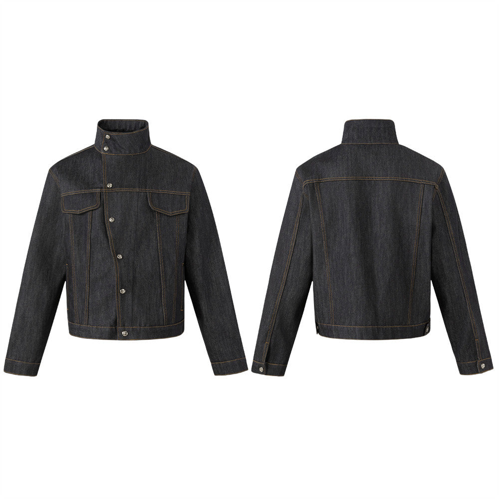 Men's Black Jean Jacket – Stand Collar, Asymmetric Placket & Cropped Silhouette