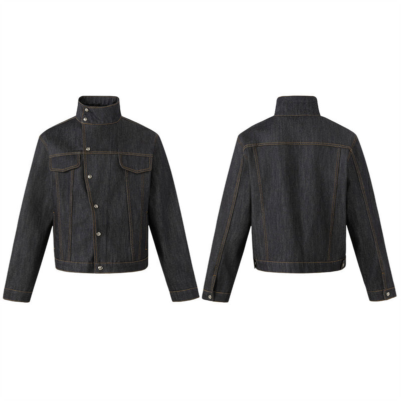 Men's Black Jean Jacket – Stand Collar, Asymmetric Placket & Cropped Silhouette
