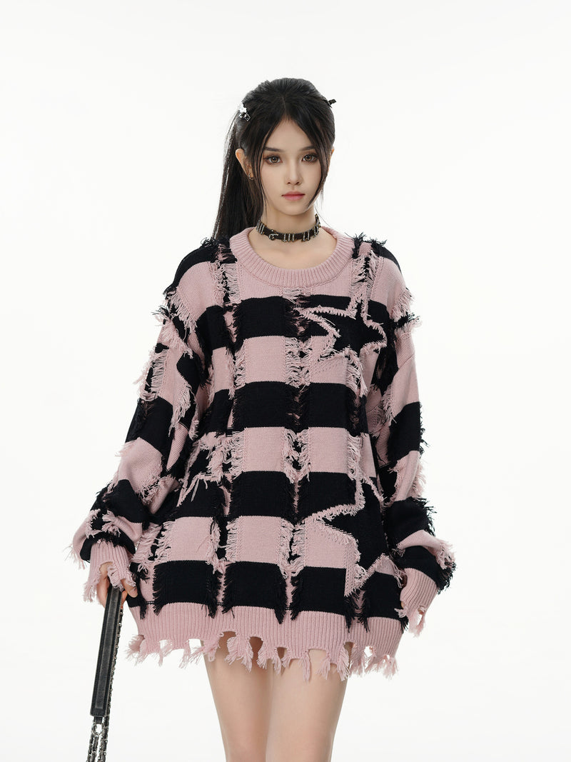 Pull oversize en maille rayée à étoiles délavée – Col rond à franges