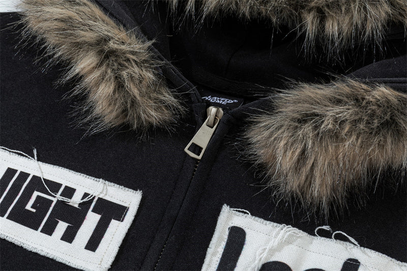 Fur Trim Zip-Up Hoodie with Letter Patch Appliqué and Washed Finish