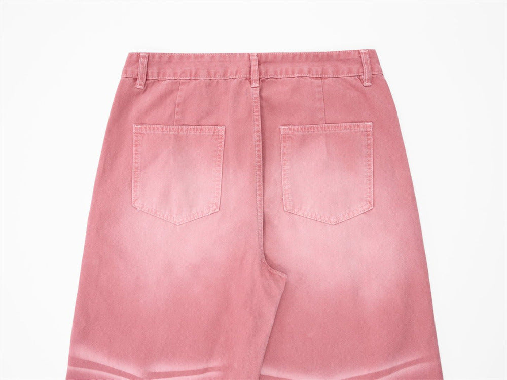 Rosa Wide-Leg-Canvas-Hose mit Destroyed-Details – Paint-Splatter-Workwear-Jeans