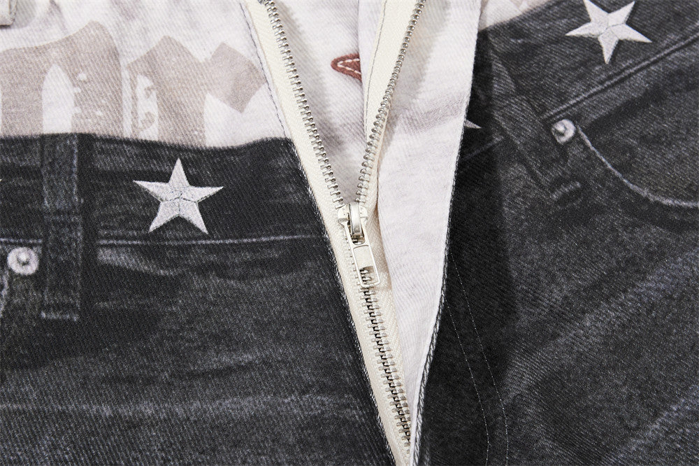 Wide-Leg Distressed Jeans with Faux Double Waistband & Star Detail