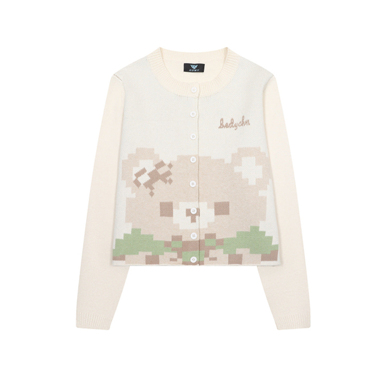 Pixel bear jacquard knit cardigan sweater in cream with round neck and white button-front closure