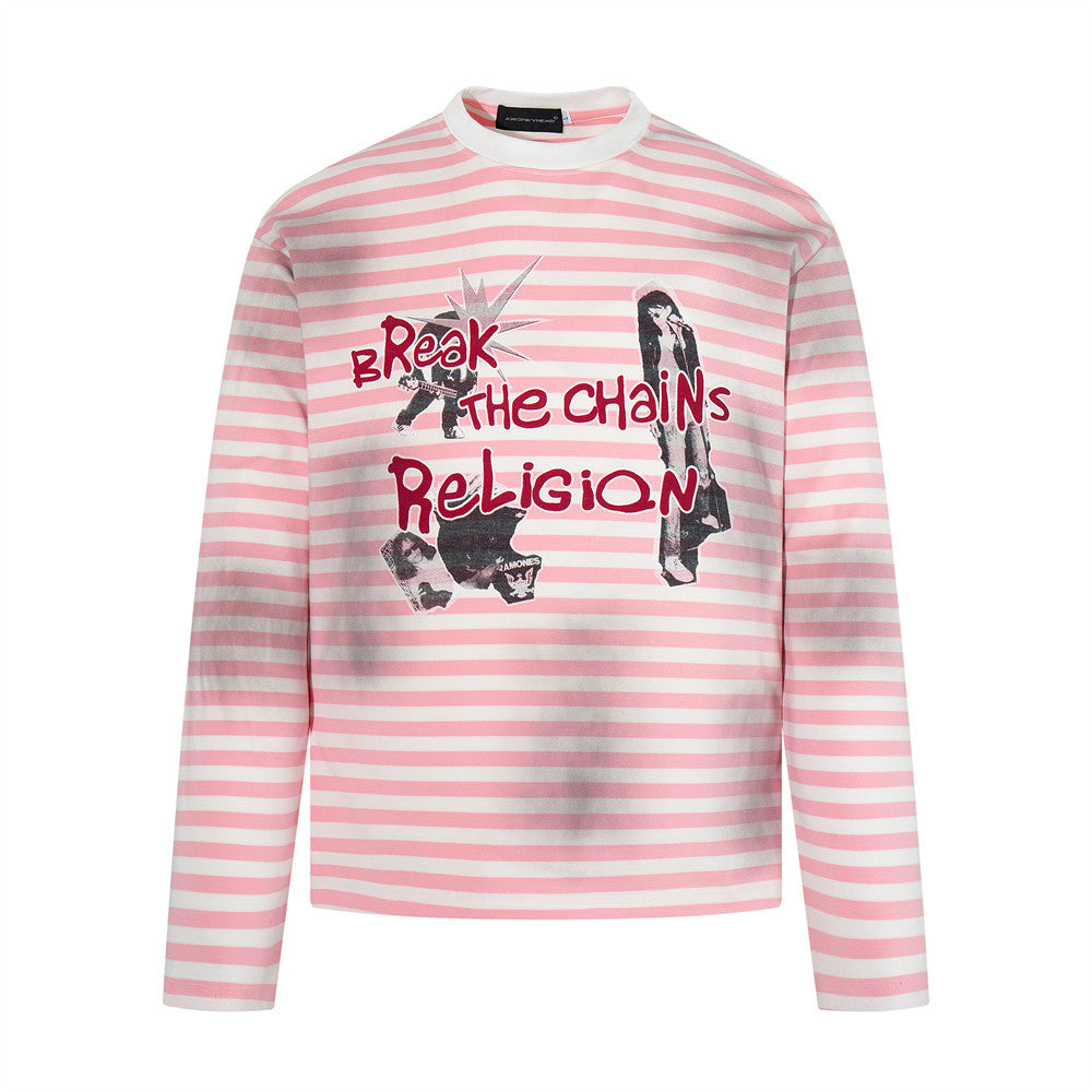 Relaxed-fit pink and white striped long-sleeve tee with distressed Break the Chains Religion punk graphic print on chest