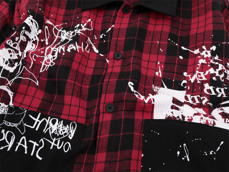 Oversized-Flanellhemd mit Karografik und Graffiti-Print – Herren-Langarmhemd im Patchwork-Stil