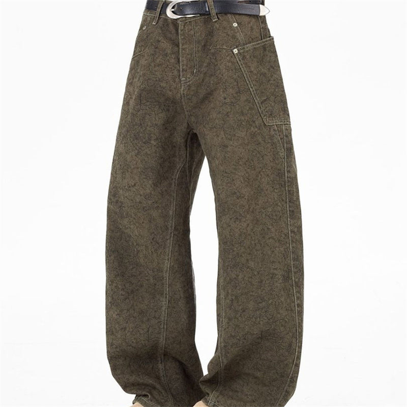 Barrel Leg Carpenter Jeans – Acid Wash Khaki Green Wide Leg Denim