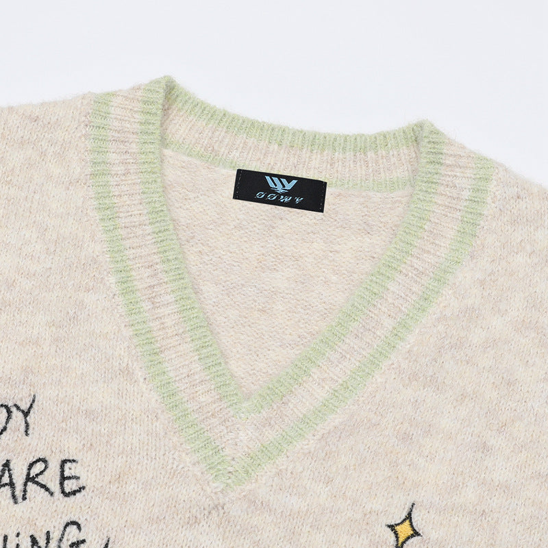 V-Neck Knit Sweater Vest with Cute Puppy Picnic Embroidery
