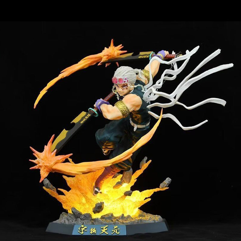 Presenting the Premium Demon Slayer Urogi Figure: a dynamic 37cm collectible featuring a silver-haired character with dual swords, flame-like effects, and ribbons. It stands on an explosive base adorned with Japanese text and includes USB light-up effects for added drama.