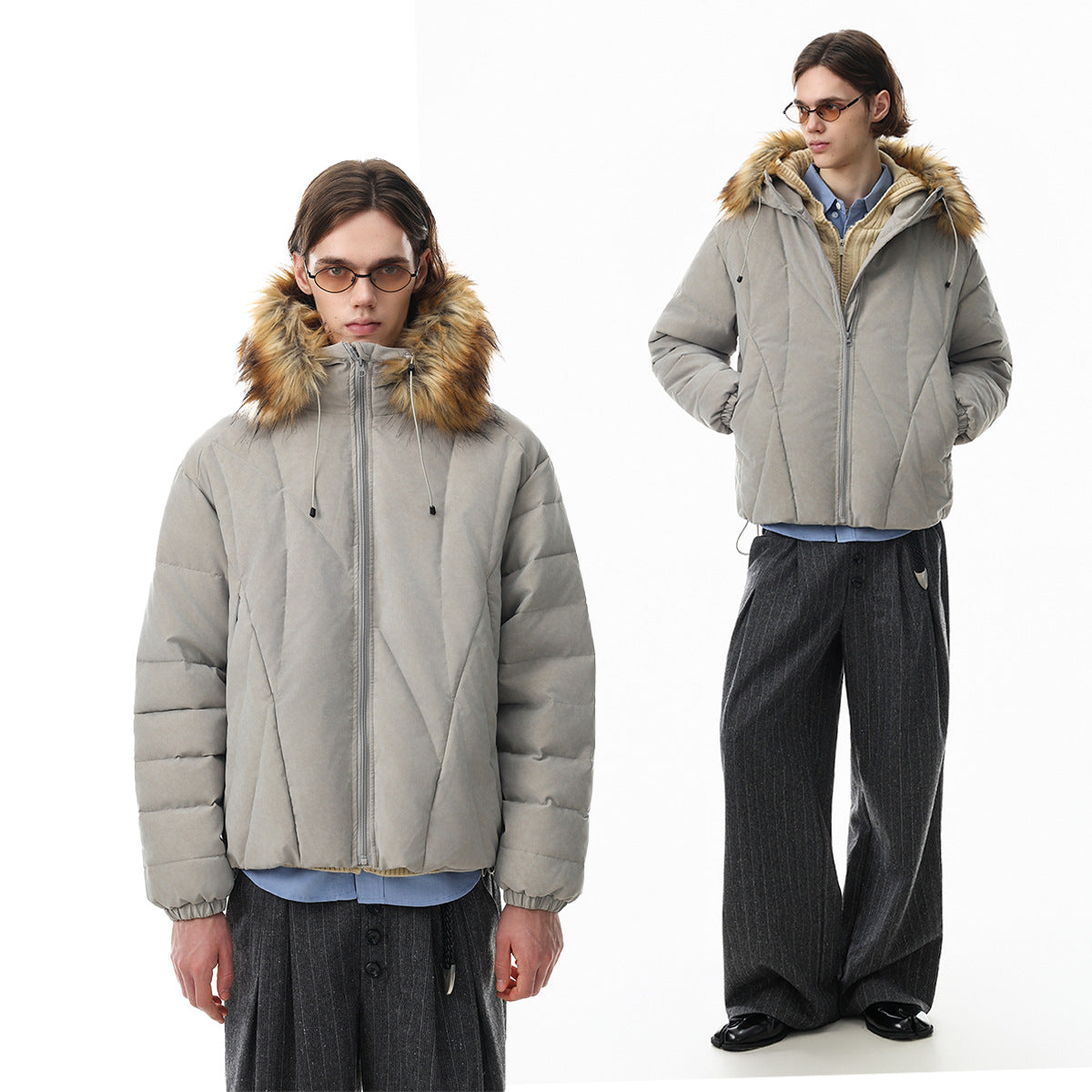 Quilted Puffer Jacket with Faux Fur Trim Hood
