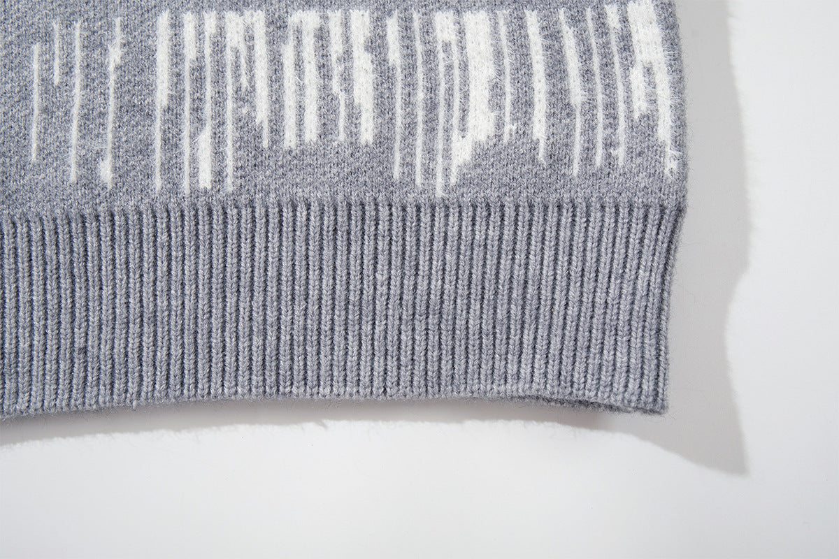 Abstract Stripe Jacquard Knit Sweater – Henley Neck, Oversized Fit