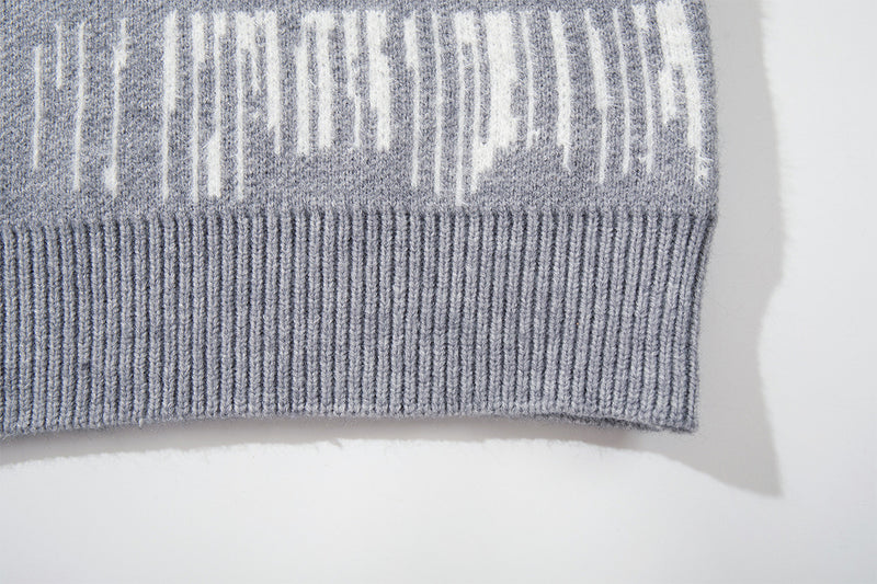 Abstract Stripe Jacquard Knit Sweater – Henley Neck, Oversized Fit
