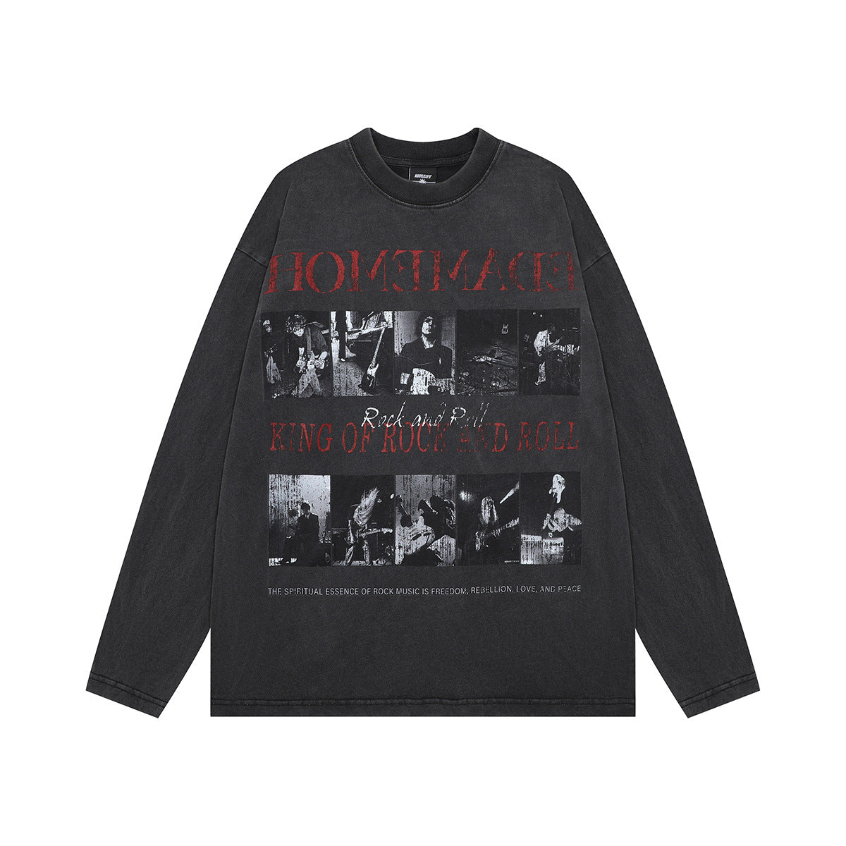 T-shirt graphique oversize à manches longues délavé à l’acide, avec photo de concert rock et lettrage rouge effet usé sur la poitrine
