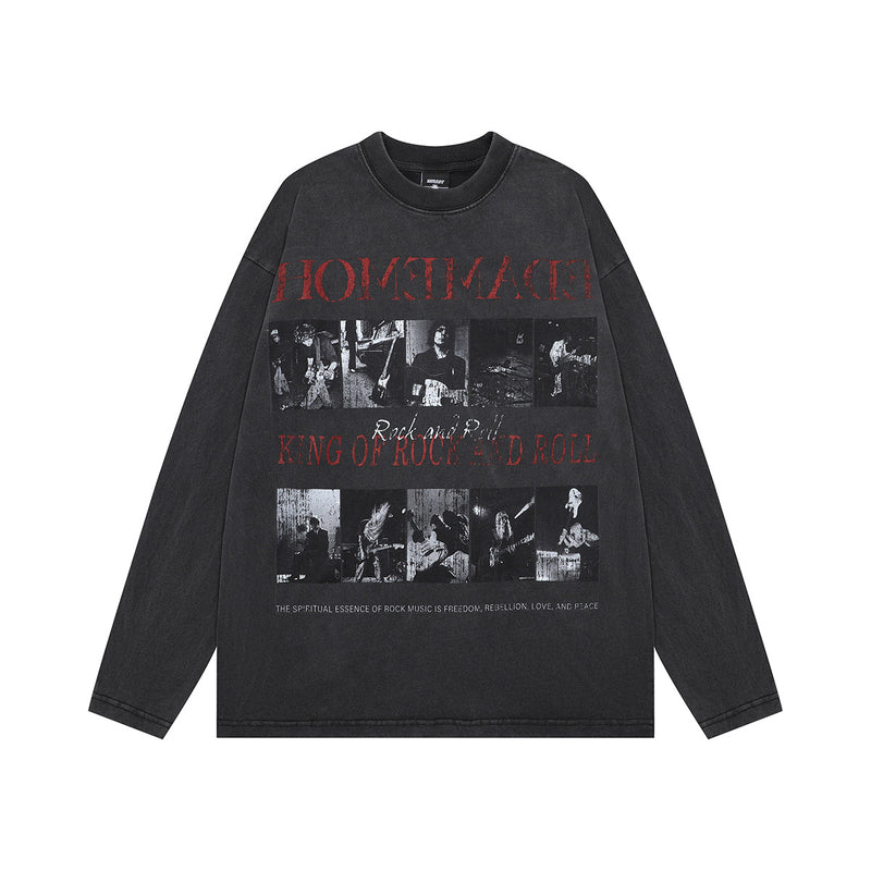 T-shirt graphique oversize à manches longues délavé à l’acide, avec photo de concert rock et lettrage rouge effet usé sur la poitrine