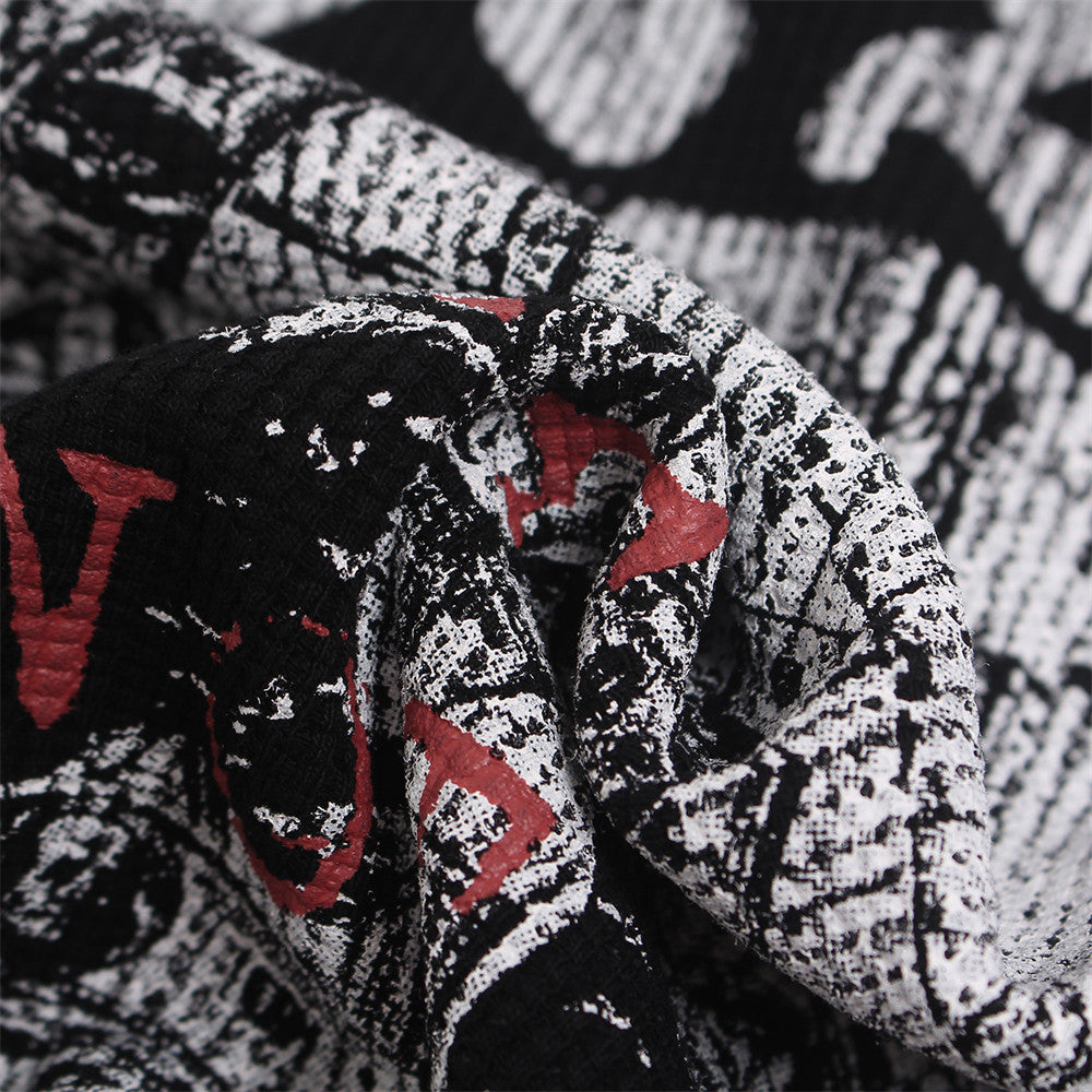 Black Graphic Long Sleeve Tee with Studded Red Collar – Vintage American Print
