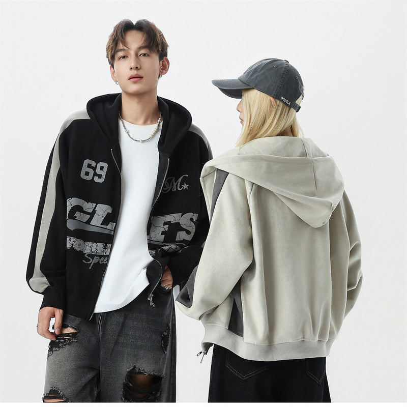 GLFS Colorblock Oversized Zip Up Hoodie – Distressed Letter Print, Dual Zipper