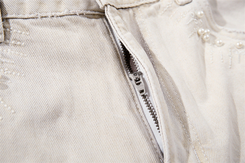 Wide-Leg Jeans – Gradient Tie-Dye Wash with Pearl Bead Embellishments