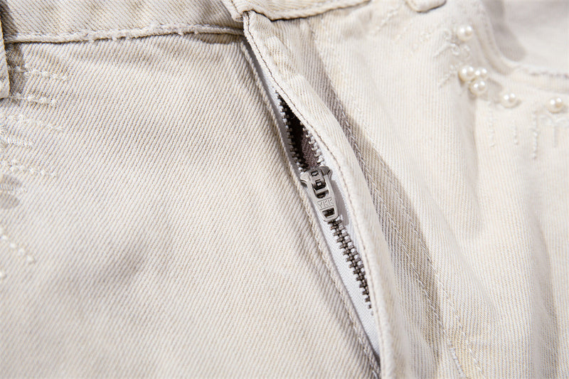Wide-Leg Jeans – Gradient Tie-Dye Wash with Pearl Bead Embellishments
