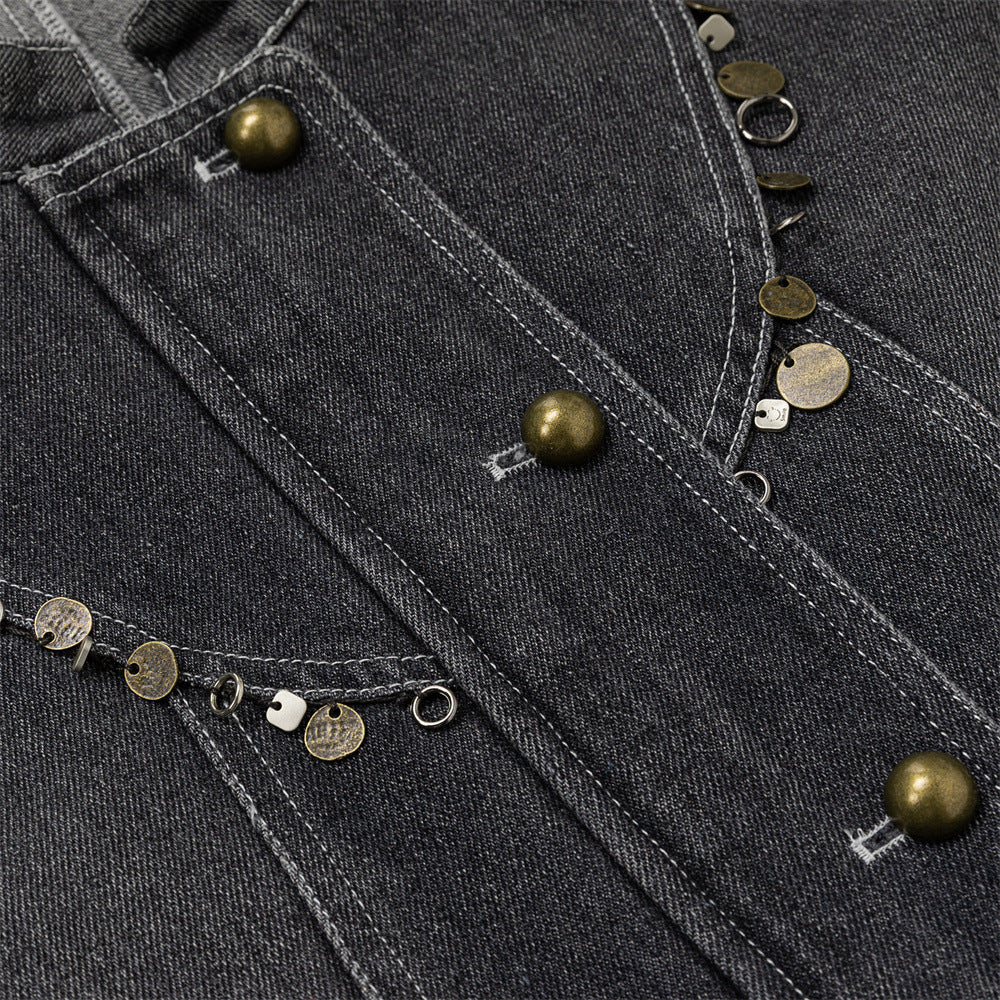 Men's Washed Denim Jacket with Metal Coin Chain Trim & Brass Buttons — Punk