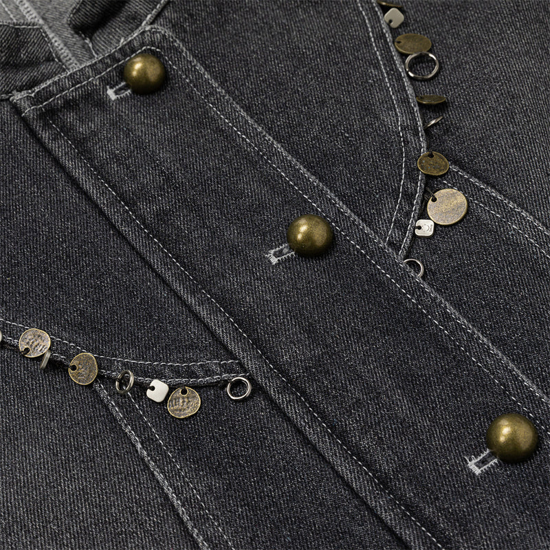 Men's Washed Denim Jacket with Metal Coin Chain Trim & Brass Buttons — Punk