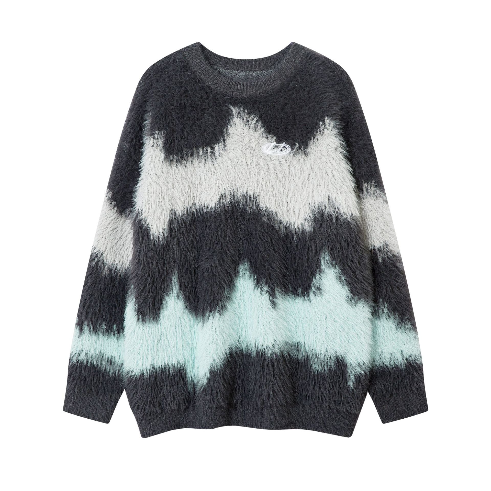 Pull en maille pelucheuse à motif vague abstrait – Modèle oversize