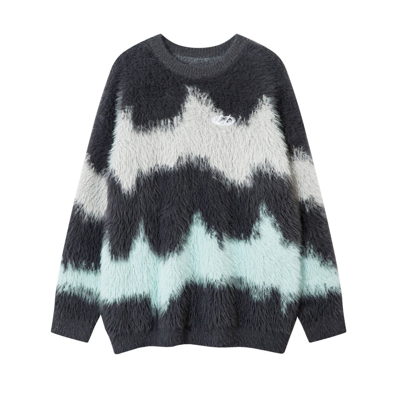 Pull en maille pelucheuse à motif vague abstrait – Modèle oversize
