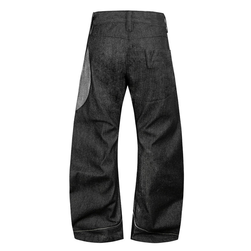 Jean homme en denim brut à jambes larges – Double ceinture, empiècements et silhouette incurvée