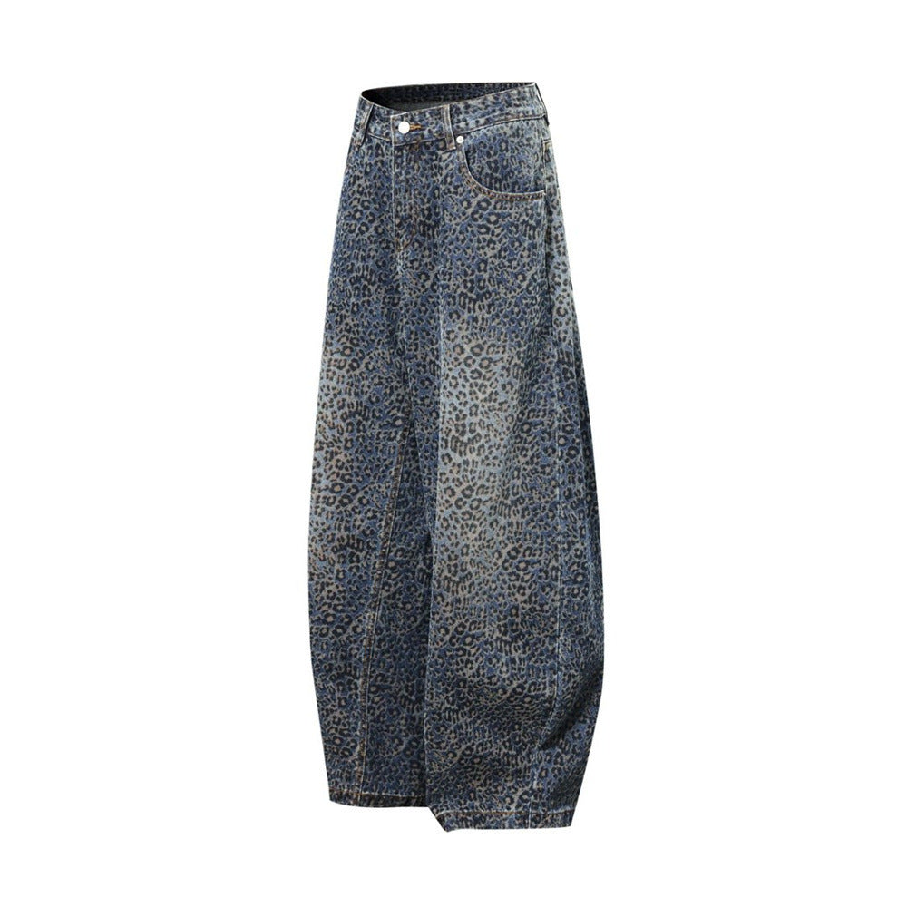 Leopard Print Wide-Leg Baggy Jeans – Oversized Curved Denim Pants