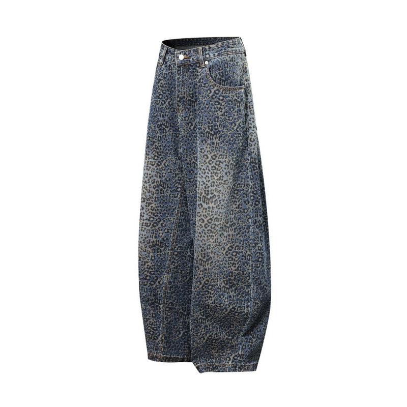 Leopard Print Wide-Leg Baggy Jeans – Oversized Curved Denim Pants