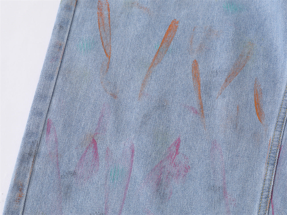 Hand-Painted Graffiti Denim Shorts – Wide-Leg Washed Jean Shorts