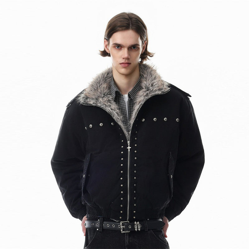 Men's Studded Bomber Jacket with Faux Fur Collar – High Street Winter Coat