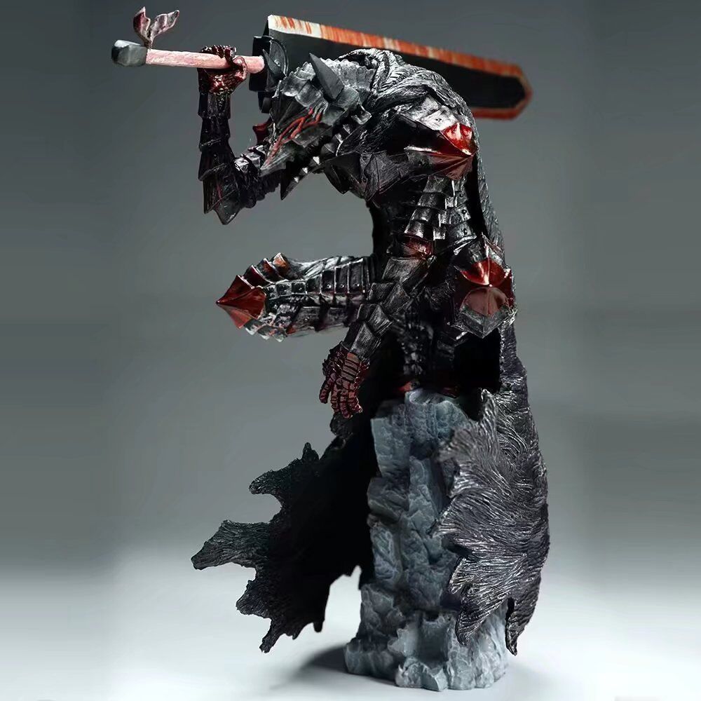 The Berserk Legend of the Golden Warrior – Guts L Version figure showcases Guts in battle-damaged, bloodstained armor with a huge sword over his shoulder, posed on a rocky base. The intricate craftsmanship includes spiked elements and a tattered cloak.