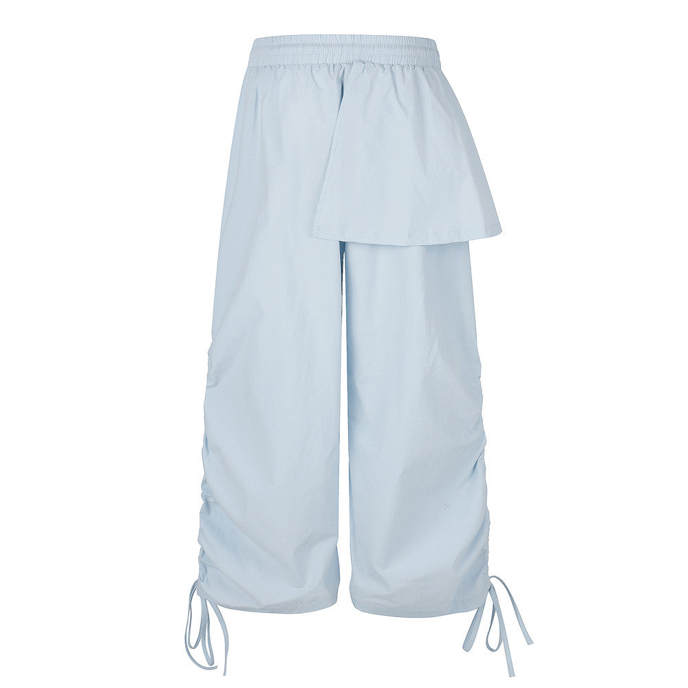Wide-Leg Parachute Pants with Ruched Side Drawstring & Layered Flap Detail