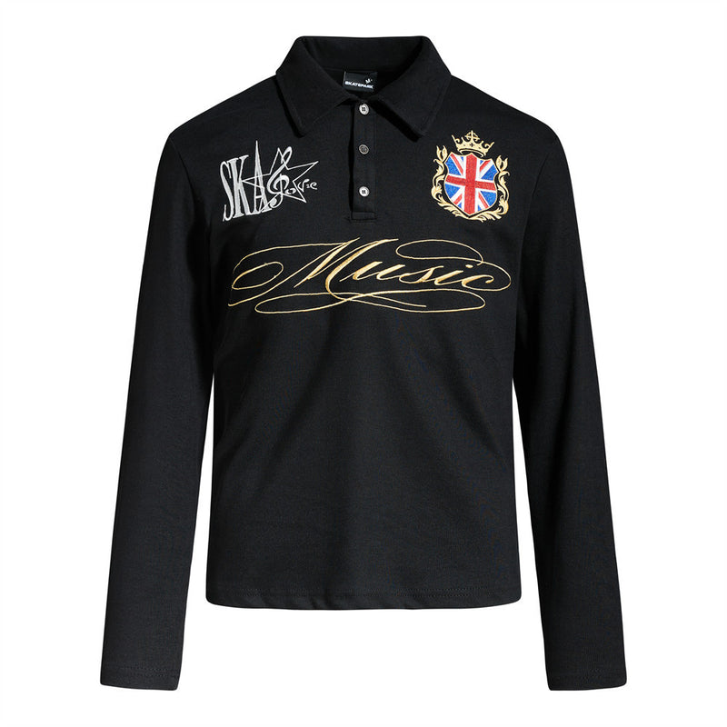 Men's long-sleeve polo shirt with gold Music embroidery and Union Jack heraldic crest badge in black and white