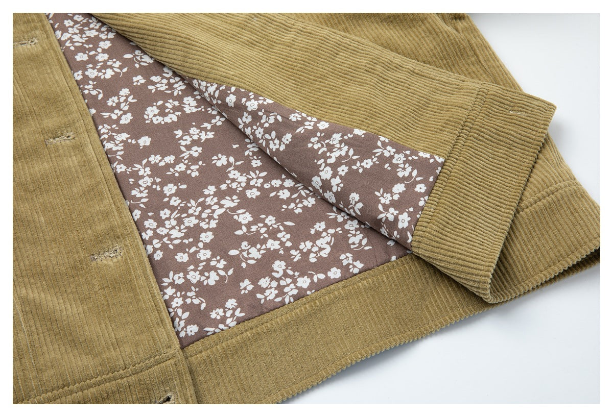 Corduroy Trucker Jacket — Oversized Fit, Floral-Lined, Olive Green