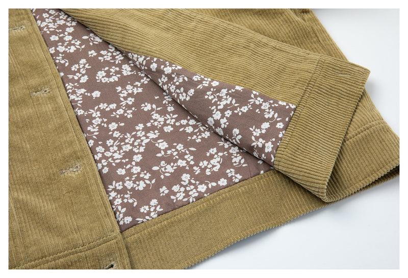 Corduroy Trucker Jacket — Oversized Fit, Floral-Lined, Olive Green
