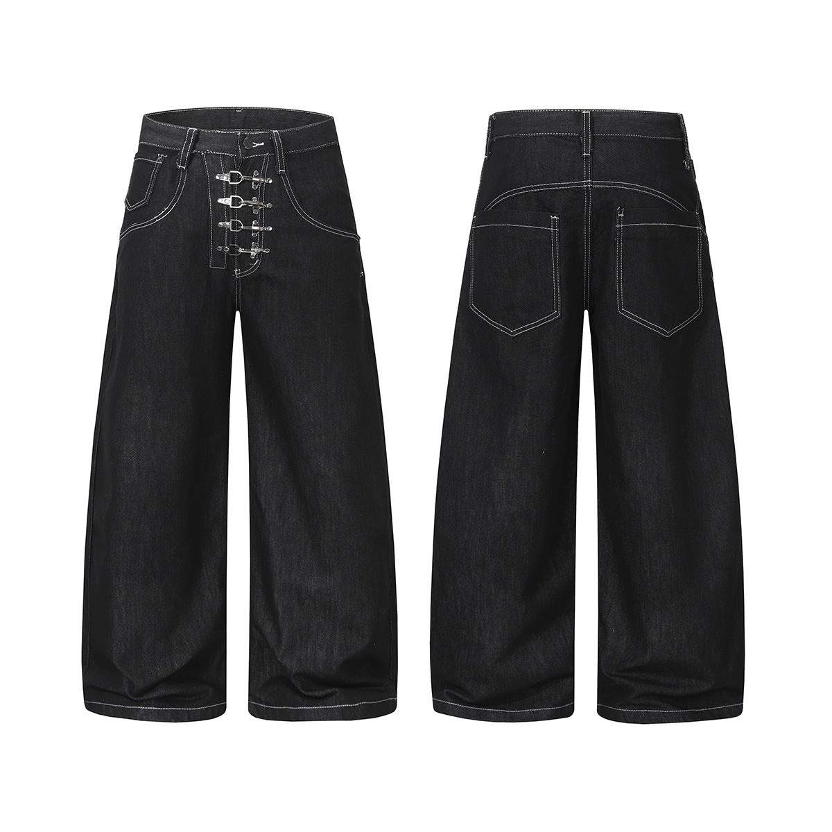 Wide-Leg Baggy Black Jeans with Safety Pin Closures – Streetwear Barrel Fit