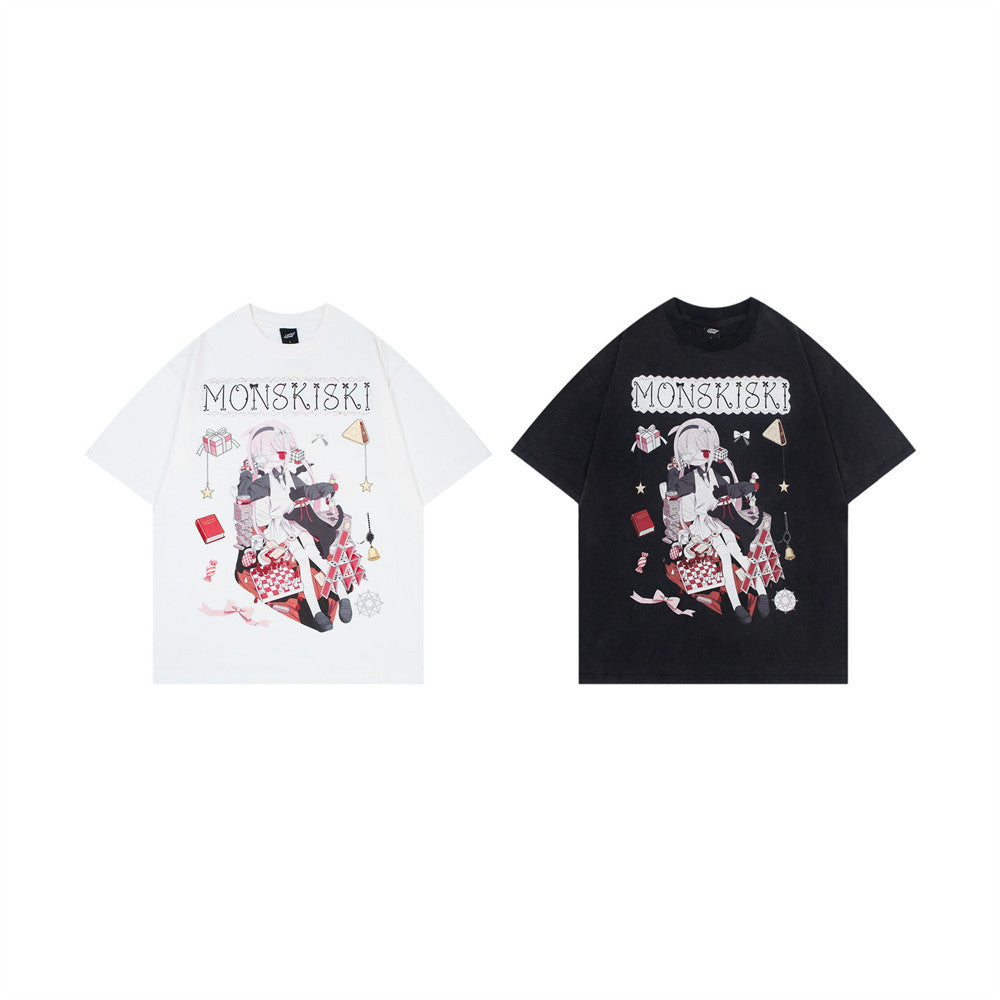 Anime-Grafik Oversized Rundhals-T-Shirt – Monskiski Chess-Girl-Print