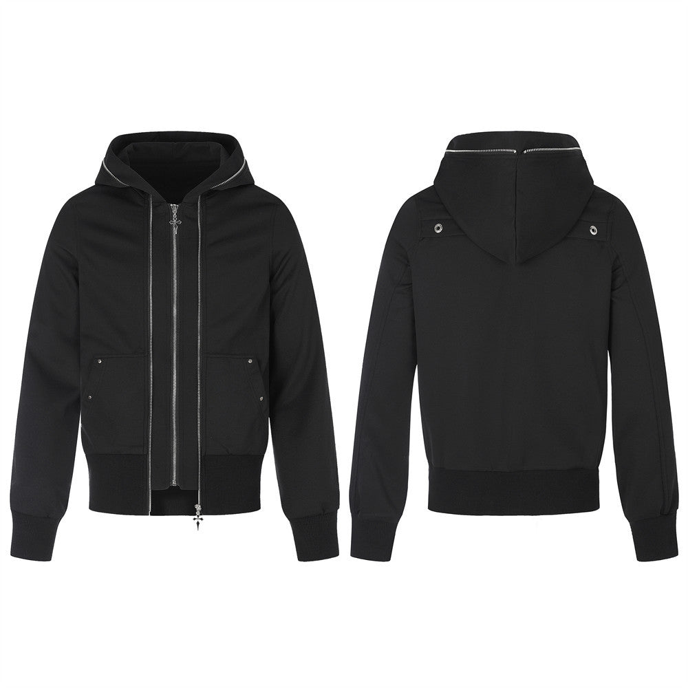 Black zip-up hoodie jacket with multi-zipper design, cross zipper pulls, and structured hood shown front and back