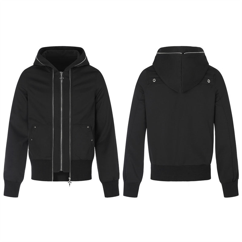 Black zip-up hoodie jacket with multi-zipper design, cross zipper pulls, and structured hood shown front and back