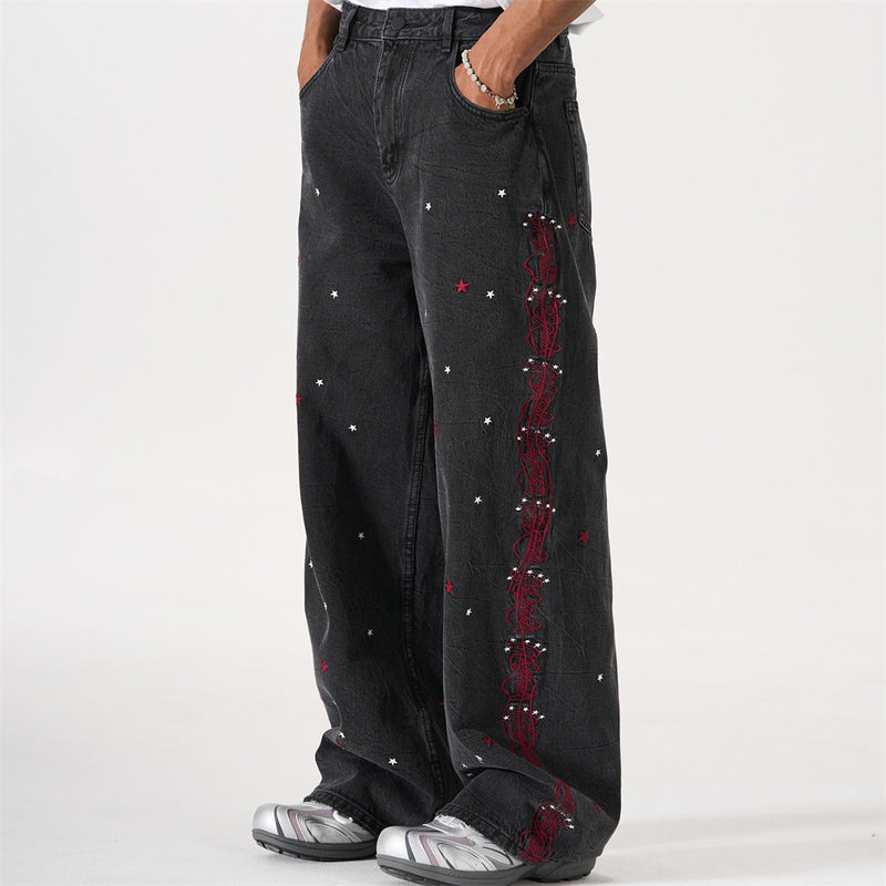 Star Embroidered Wide-Leg Jeans – Washed Black Denim with Side Floral Detail